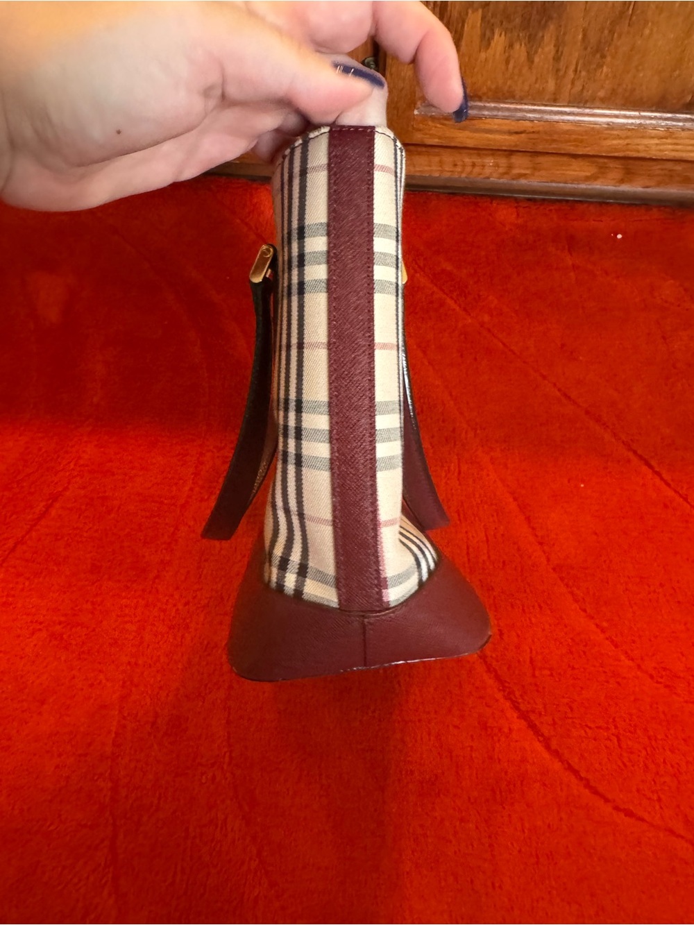 Burberry Beige Nova Check Tote with Burgundy Trim and Gold Hardware - Picture 6 of 14